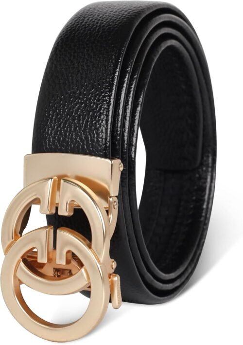 Men&Womens Leather Dress Belt Business Automatic Buckle Belt Color:Black Silver Gold