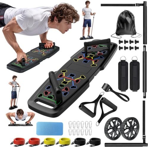 Push Up Board,Home Gym,Portable Exercise Equipment,Pilates Bar and 20 Fitness Accessories with Resistance Bands and Ab Roller Wheel,Full Body Workout at Home