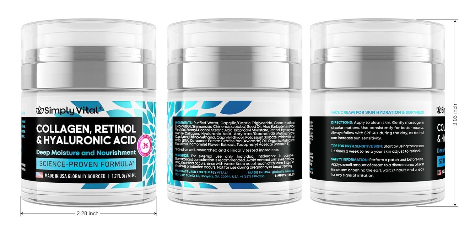 SimplyVital Collagen, Retinol & Hyaluronic Acid Cream - Anti-Aging Face Moisturizer for Face, Neck & Décolleté - Made in USA, Daily Moisturizer Face Cream - 1.7 fl.oz. - Image 9