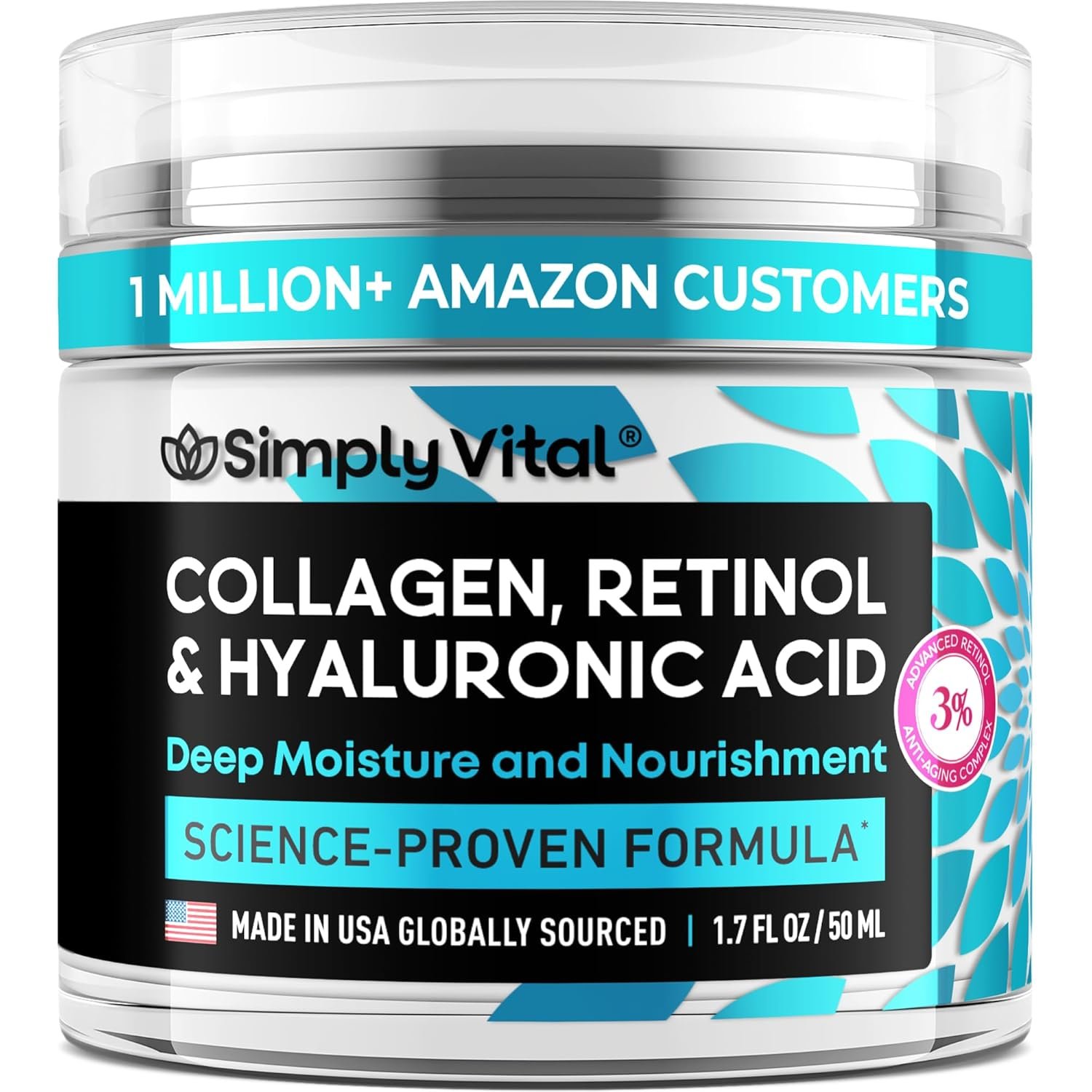 SimplyVital Collagen, Retinol & Hyaluronic Acid Cream - Anti-Aging Face Moisturizer for Face, Neck & Décolleté - Made in USA, Daily Moisturizer Face Cream - 1.7 fl.oz.