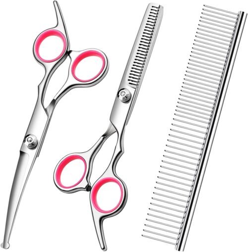 Dog Grooming Kit with Safety Round Tips Stainless Steel Professional Dog Shears Set – Thinning, Curved Scissors and Comb for Cat Pet