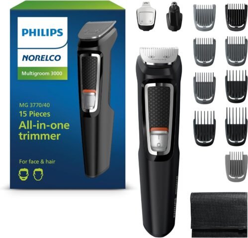 Philips Norelco Multigroom 3000 Series, All-in-One Trimmer, Beard Trimmer and Hair Clipper, 15-Piece Men’s Grooming Kit for Head, Beard, Face, Nose, Ears, No Blade Oil Needed, Soft Pouch, MG3770/40