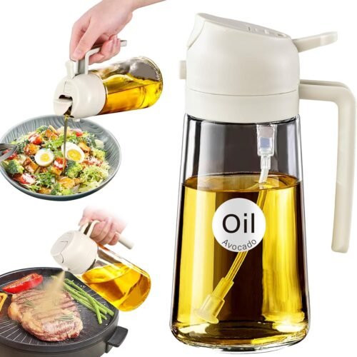 YARRAMATE 16oz/470ml Oil Sprayer for Cooking with Stickers, Food-grade Premium 2 in 1 Olive Oil Dispenser Bottle for Kitchen Gadgets, Air Fryer, Salad, Frying, BBQ (Creamy White)