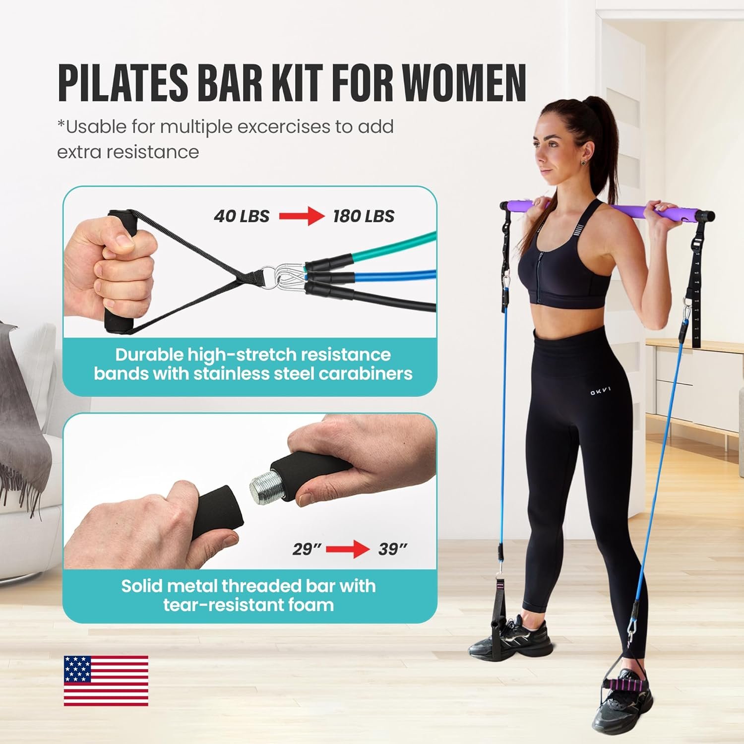 Upgraded Pilates Bar Kit – 39” Adjustable Exercise Equipment for Men, Women with 6X 20, 30, 40 lbs Resistance Bands with Adjustment Buckle – Pilates Equipment for Home Workouts for All Fitness Levels - Image 2