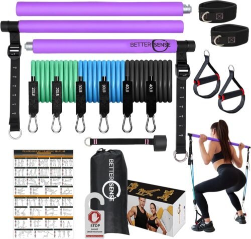 Upgraded Pilates Bar Kit – 39” Adjustable Exercise Equipment for Men, Women with 6X 20, 30, 40 lbs Resistance Bands with Adjustment Buckle – Pilates Equipment for Home Workouts for All Fitness Levels