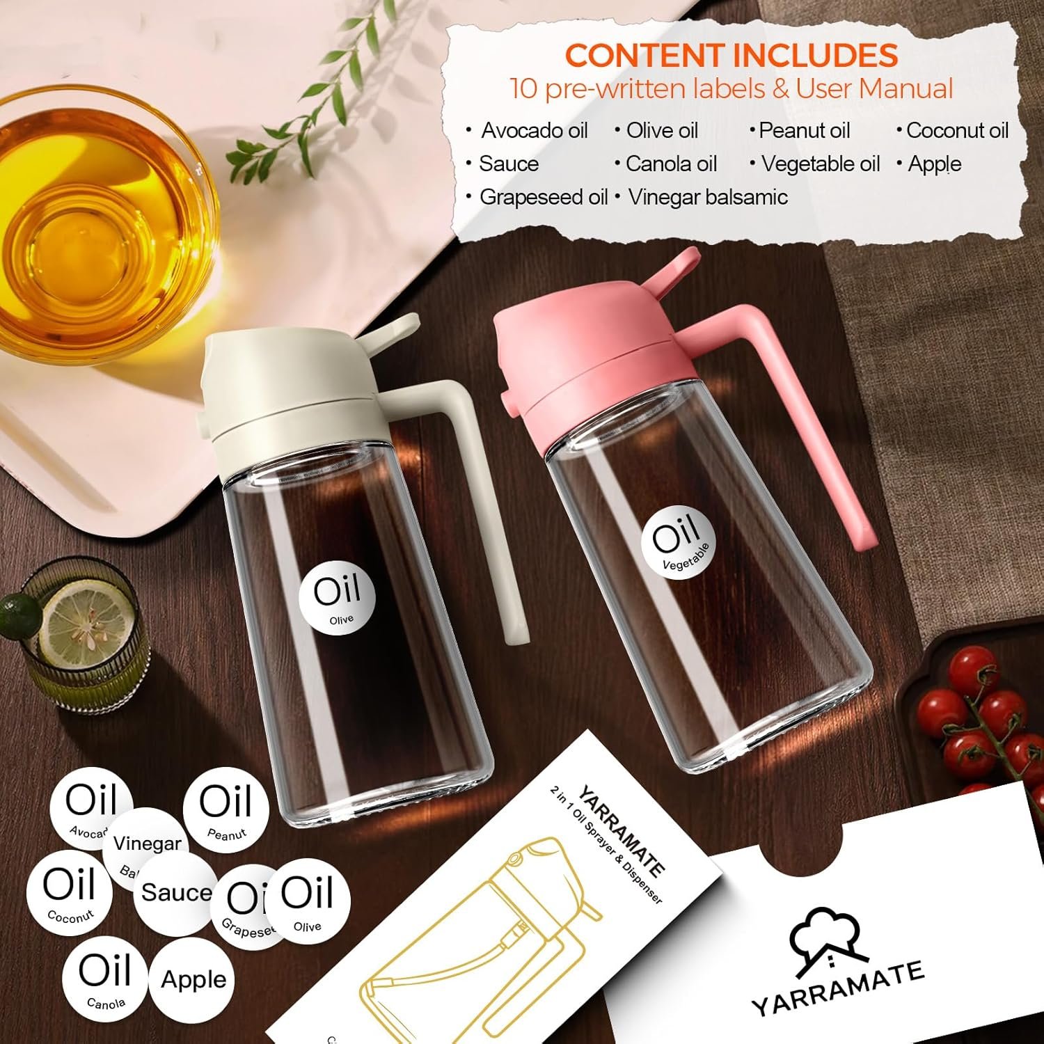 YARRAMATE 16oz/470ml Oil Sprayer for Cooking with Stickers, Food-grade Premium 2 in 1 Olive Oil Dispenser Bottle for Kitchen Gadgets, Air Fryer, Salad, Frying, BBQ (Creamy White) - Image 2