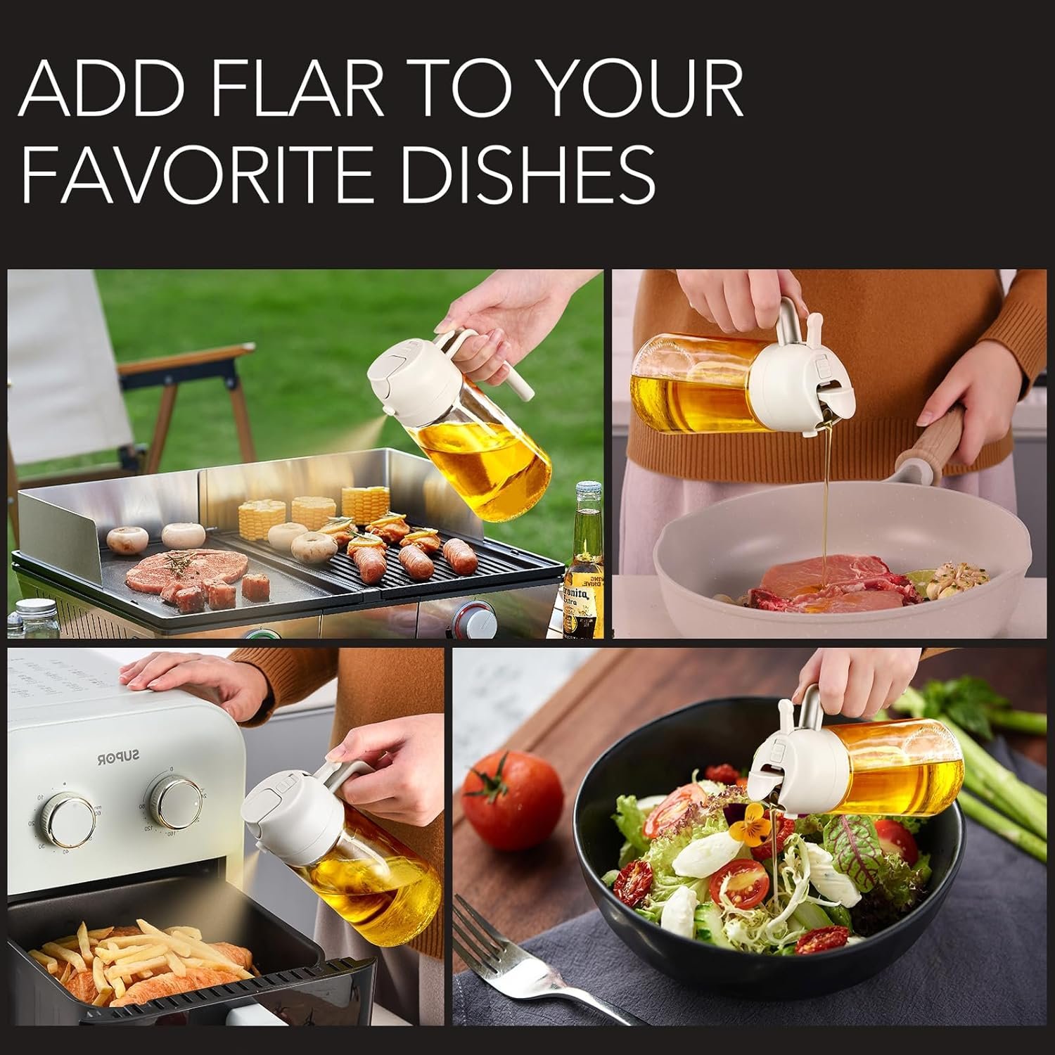 YARRAMATE 16oz/470ml Oil Sprayer for Cooking with Stickers, Food-grade Premium 2 in 1 Olive Oil Dispenser Bottle for Kitchen Gadgets, Air Fryer, Salad, Frying, BBQ (Creamy White) - Image 8